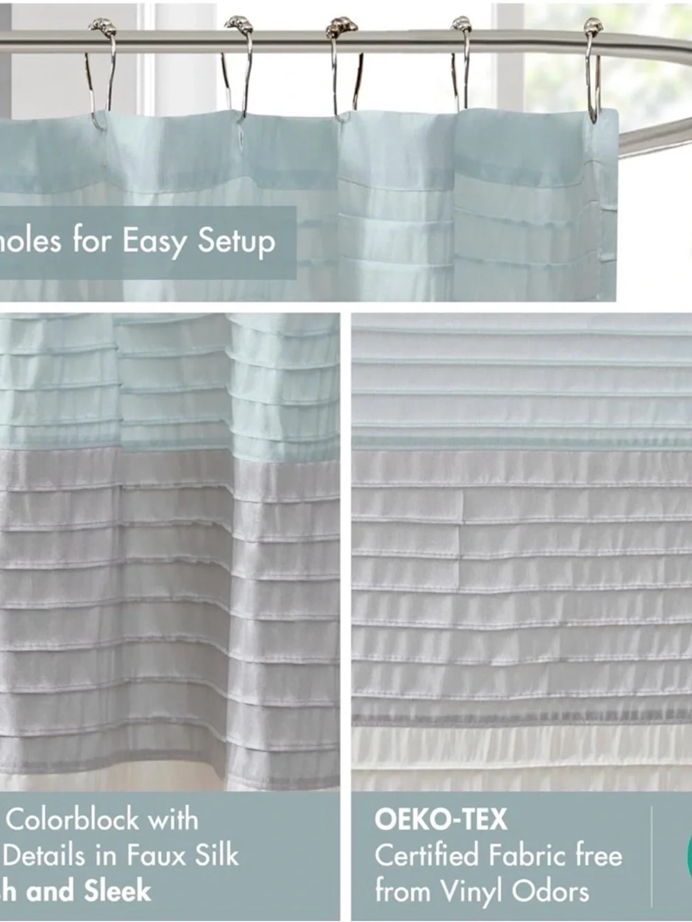 Amherst Shower Curtain Faux Silk Pieced Striped Microfiber, 72x72”, Aqua